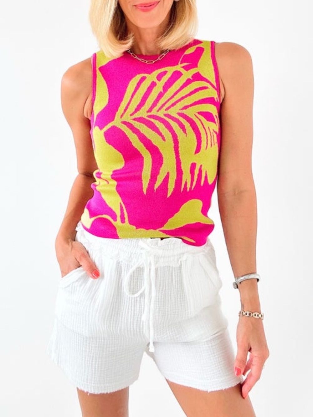 Sleeveless Leaf-Print Knit Tank in Pink & Lime